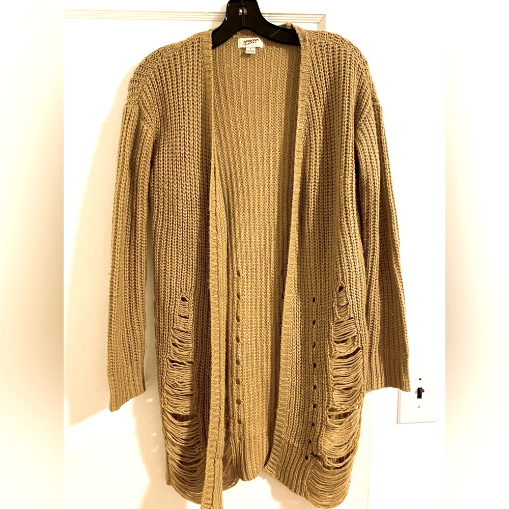 Long  knitted cardigan , distressed, Arizona jean. Small